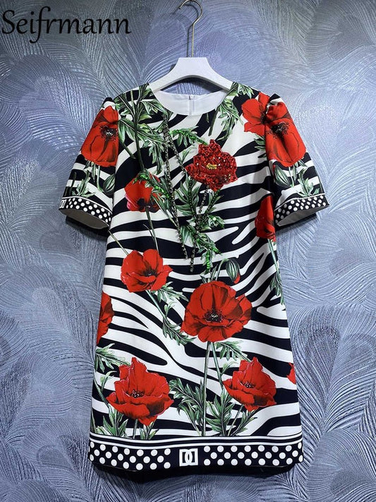 Seifrmann High Quality Summer Women Fashion Runway Mini Dress Short Sleeve Beading Striped Floral Printed Elegant A-Line Dresses