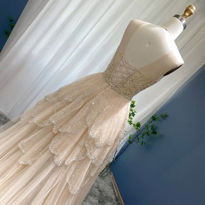 Luxury Dubai Champagne High Low Evening Dress 2022 Elegant Tiered Ruffles Short Front Long Back Arabic Prom Party Dresses SS249