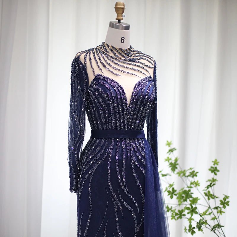 Luxury Navy Blue Mermaid Dubai Evening Dress with Detachable Skirt Long Sleeve Arabic Formal Gowns for Women Wedding Party SS526