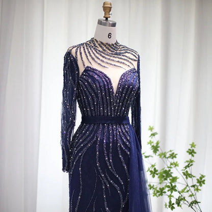 Luxury Navy Blue Mermaid Dubai Evening Dress with Detachable Skirt Long Sleeve Arabic Formal Gowns for Women Wedding Party SS526