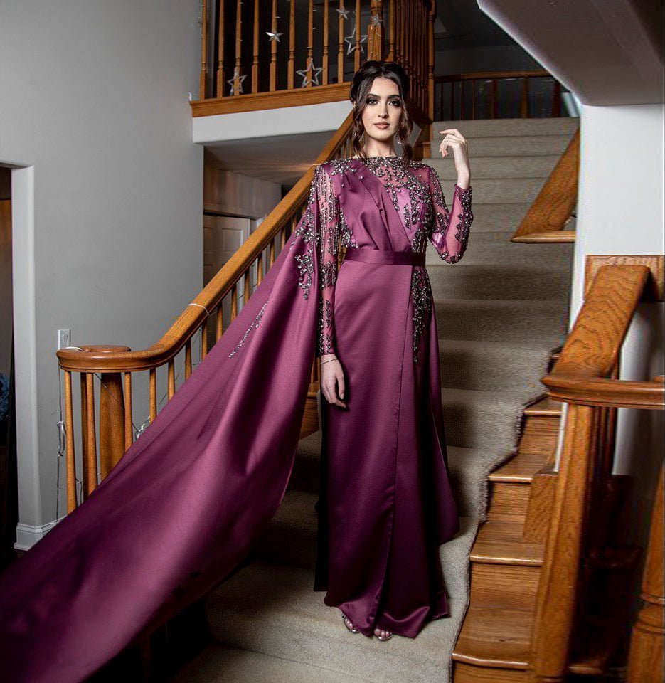 Elegant Burgundy Arabic Evening Dresses with Cape Long Sleeve Luxury Dubai Beaded Muslim Formal Dress for Women Wedding Party