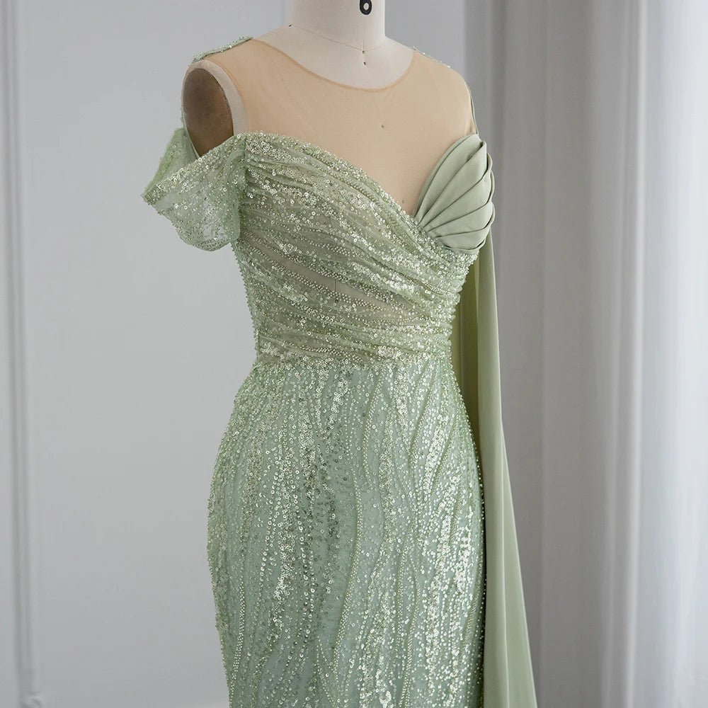 Sharon Said Luxury Dubai Sage Green Mermaid Evening Dress with Cape Sleeve Elegant One Shoulder African Prom Party Dresses RM034