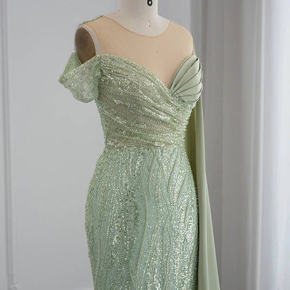 Sharon Said Luxury Dubai Sage Green Mermaid Evening Dress with Cape Sleeve Elegant One Shoulder African Prom Party Dresses RM034