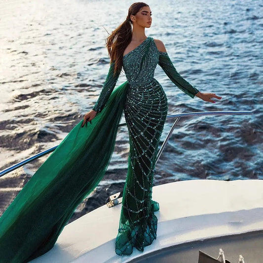 Sharon Said Emerald Green One Shoulder Mermaid Evening Dress with Overskirt Long Sleeves Luxury Dubai Wedding Party Gowns SS413