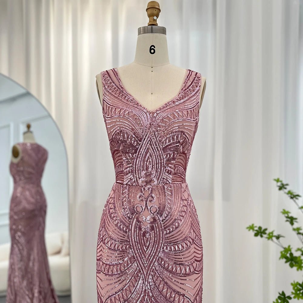 Sharon Said Elegant Pink Sequined Mermaid Evening Dresses for Women Wedding Party Sexy V-Neck Long Graduation Prom Dress SS031