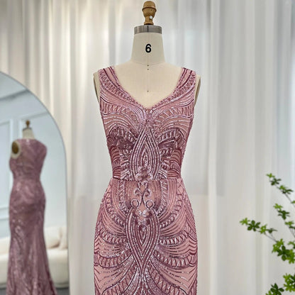 Sharon Said Elegant Pink Sequined Mermaid Evening Dresses for Women Wedding Party Sexy V-Neck Long Graduation Prom Dress SS031
