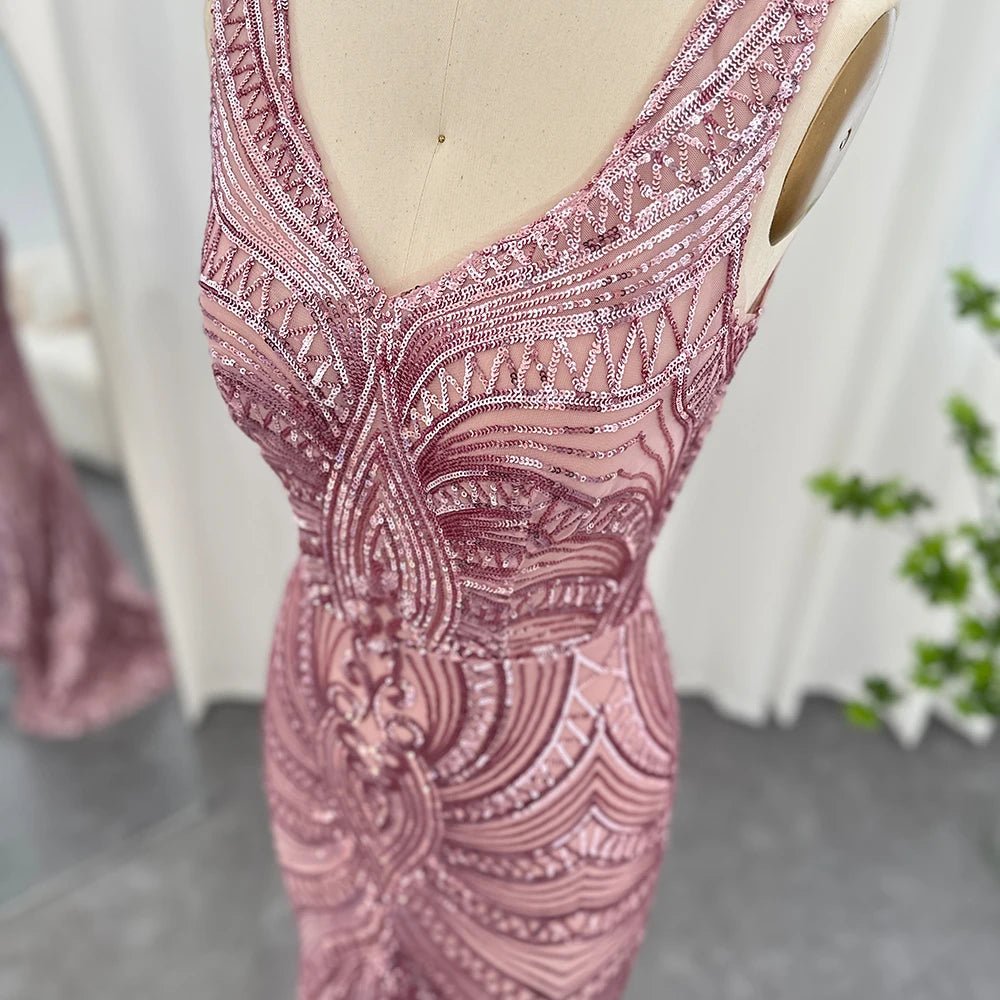 Sharon Said Elegant Pink Sequined Mermaid Evening Dresses for Women Wedding Party Sexy V-Neck Long Graduation Prom Dress SS031