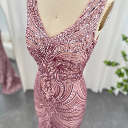 Sharon Said Elegant Pink Sequined Mermaid Evening Dresses for Women Wedding Party Sexy V-Neck Long Graduation Prom Dress SS031