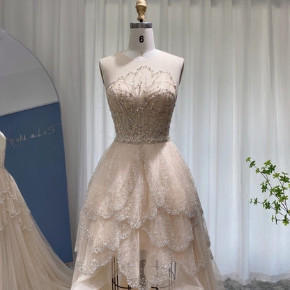 Luxury Dubai Champagne High Low Evening Dress 2022 Elegant Tiered Ruffles Short Front Long Back Arabic Prom Party Dresses SS249