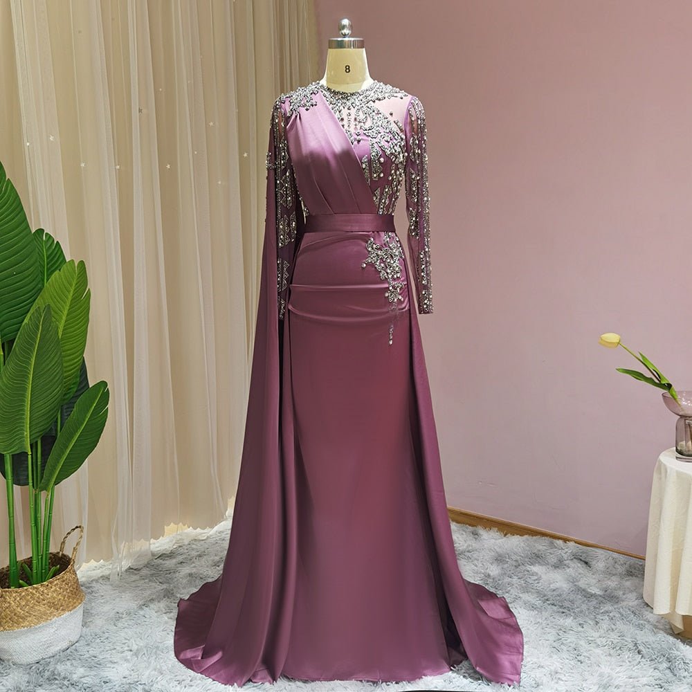 Elegant Burgundy Arabic Evening Dresses with Cape Long Sleeve Luxury Dubai Beaded Muslim Formal Dress for Women Wedding Party