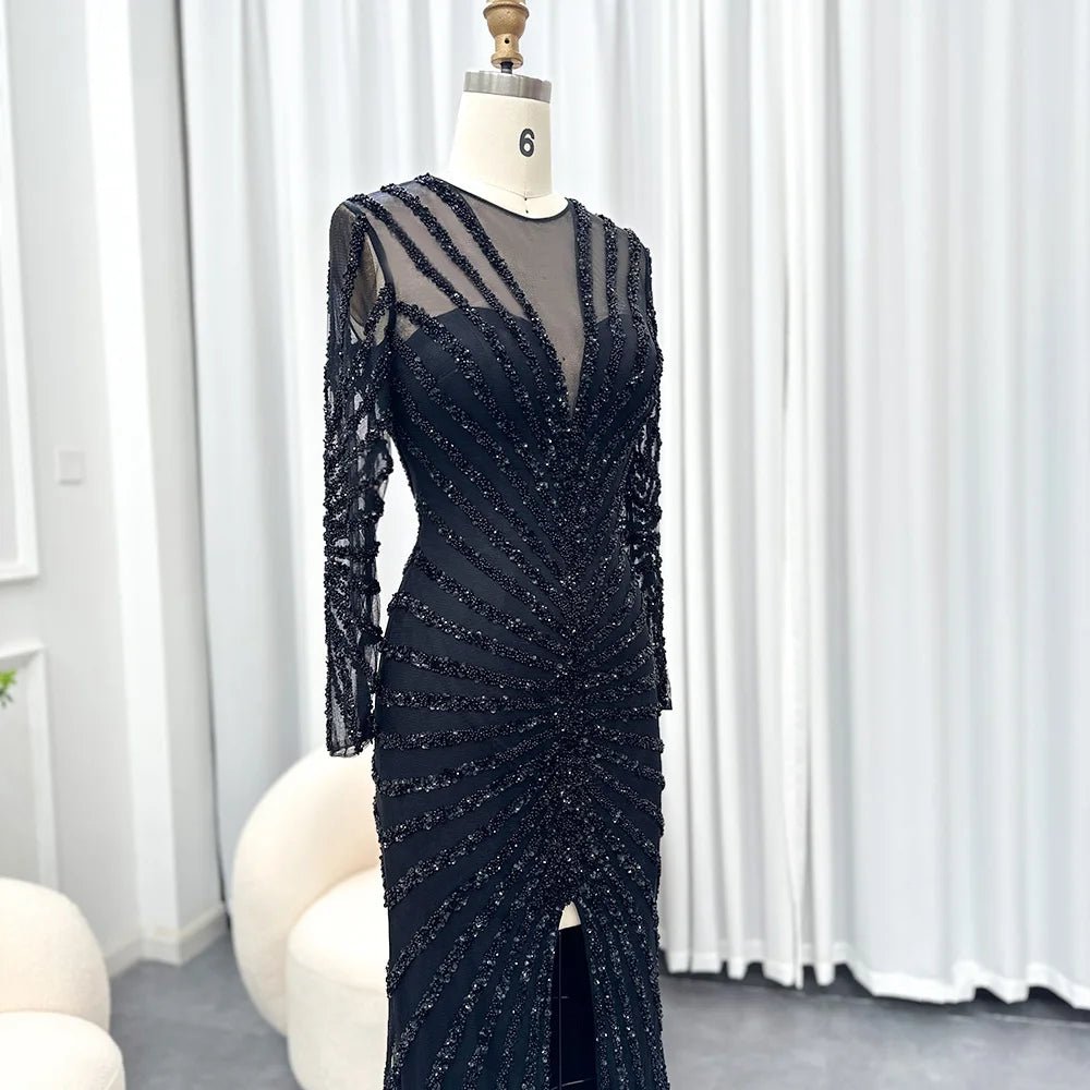 Luxury Black Mermaid Long Sleeve Arabic Evening Dress for Women Party Formal Dresses Front Split Dubai Graduation Prom Dress