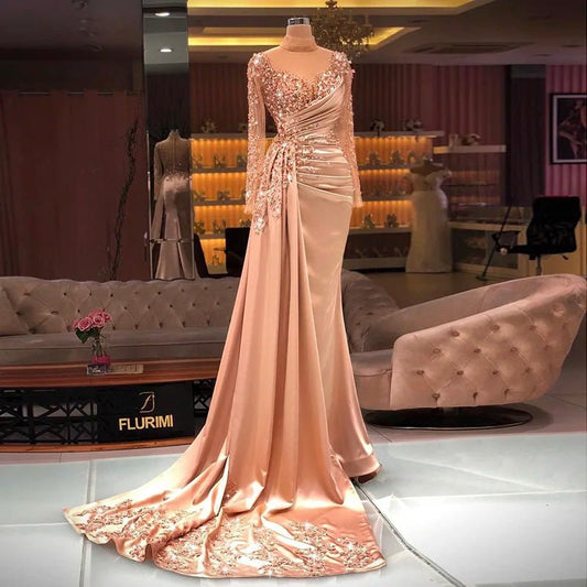 Sharon Said Rose Gold Mermaid Arabic Evening Dresses Long Sleeve Luxury Dubai Muslim Formal Dress for Women Wedding Party SS472