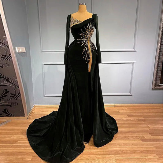 Sharon Said Luxury Crystal Black Velvet Dubai Evening Dresses with Overskirt Long Sleeve Formal Party Dress for Wedding SS533