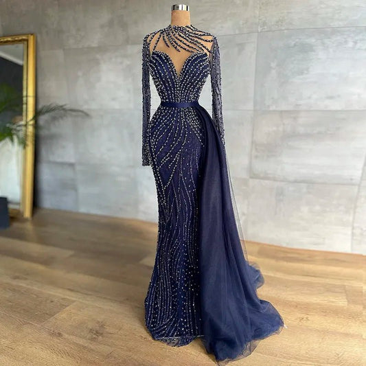 Luxury Navy Blue Mermaid Dubai Evening Dress with Detachable Skirt Long Sleeve Arabic Formal Gowns for Women Wedding Party SS526