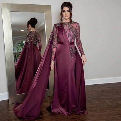 Elegant Burgundy Arabic Evening Dresses with Cape Long Sleeve Luxury Dubai Beaded Muslim Formal Dress for Women Wedding Party