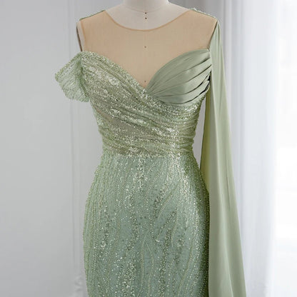 Sharon Said Luxury Dubai Sage Green Mermaid Evening Dress with Cape Sleeve Elegant One Shoulder African Prom Party Dresses RM034