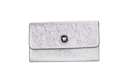 Versace Small Metallic Silver Lamb Leather Medusa Clutch Crossbody Wallet Bag
