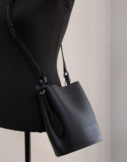 Burberry Lorne Small Black Pebbled Leather Bucket Crossbody Handbag Purse