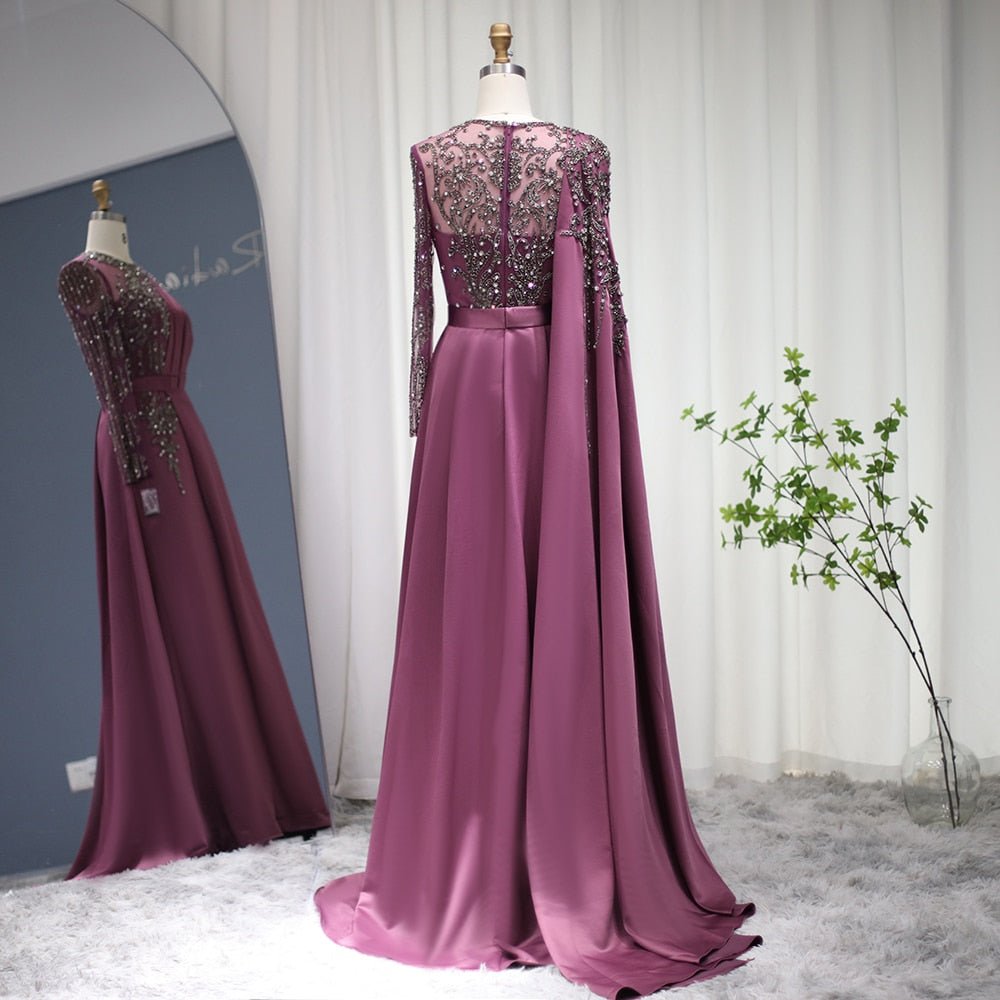 Elegant Burgundy Arabic Evening Dresses with Cape Long Sleeve Luxury Dubai Beaded Muslim Formal Dress for Women Wedding Party