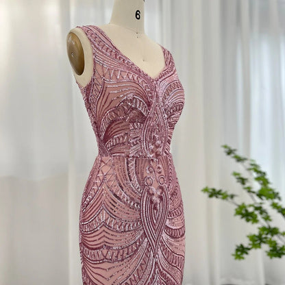 Sharon Said Elegant Pink Sequined Mermaid Evening Dresses for Women Wedding Party Sexy V-Neck Long Graduation Prom Dress SS031