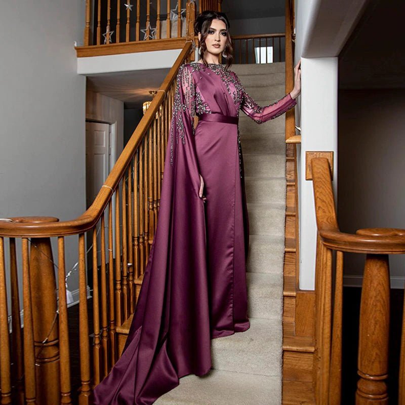 Elegant Burgundy Arabic Evening Dresses with Cape Long Sleeve Luxury Dubai Beaded Muslim Formal Dress for Women Wedding Party