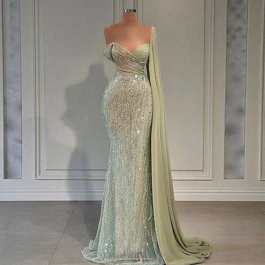 Sharon Said Luxury Dubai Sage Green Mermaid Evening Dress with Cape Sleeve Elegant One Shoulder African Prom Party Dresses RM034