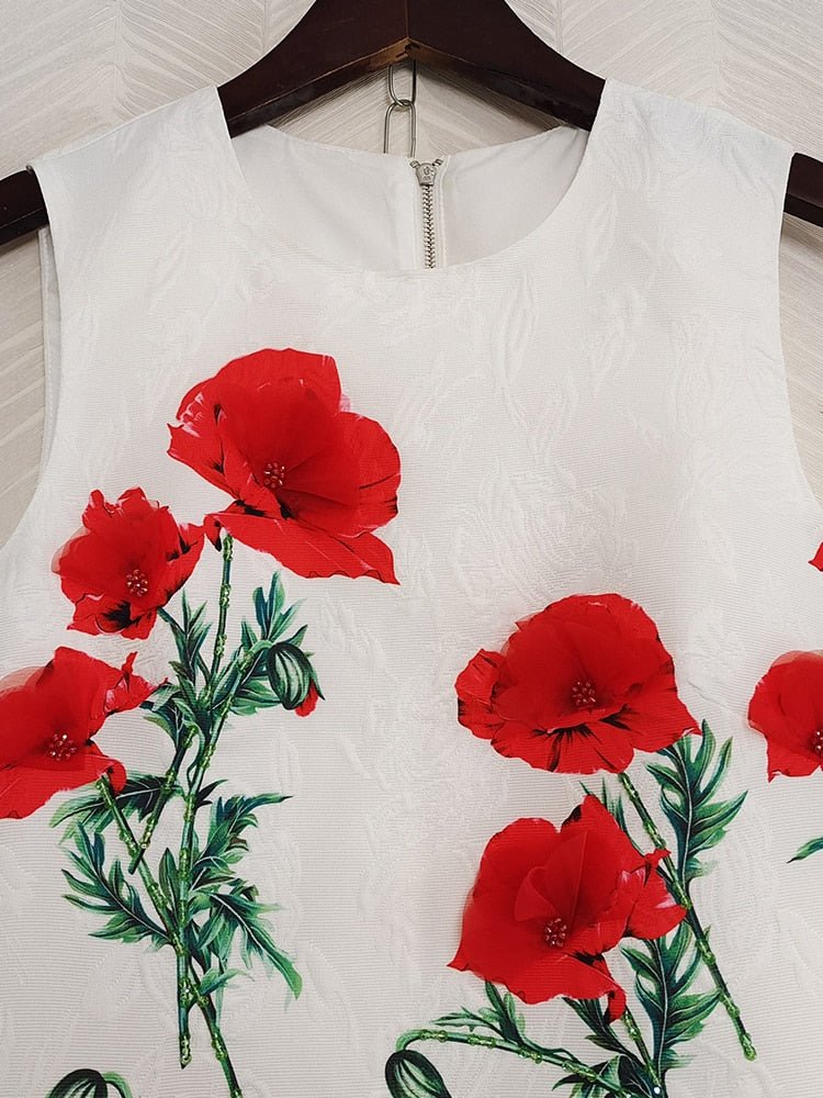 Designer Fashion Women Tank Dress Sleeveless Red Flower Print Beading Mini Casual Vacation Female