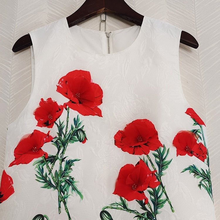 Designer Fashion Women Tank Dress Sleeveless Red Flower Print Beading Mini Casual Vacation Female