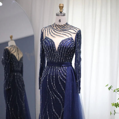 Luxury Navy Blue Mermaid Dubai Evening Dress with Detachable Skirt Long Sleeve Arabic Formal Gowns for Women Wedding Party SS526