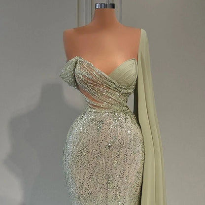 Sharon Said Luxury Dubai Sage Green Mermaid Evening Dress with Cape Sleeve Elegant One Shoulder African Prom Party Dresses RM034