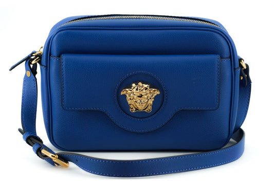 Versace Elegant Blue Calf Leather Camera Case Bag