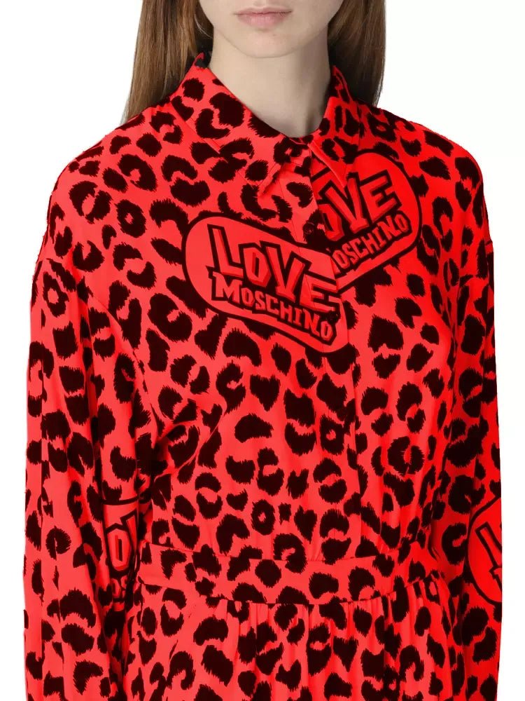 Love Moschino Red Leopard Print Viscose Long Dress with Collar