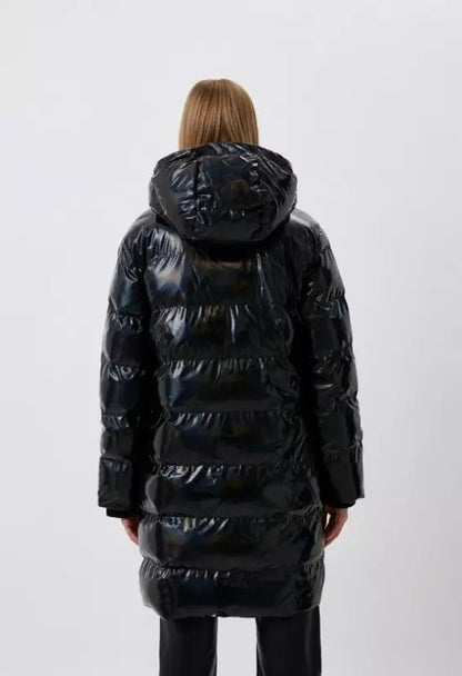 Love Moschino Chic Painted Effect Long Down Jacket with Hood