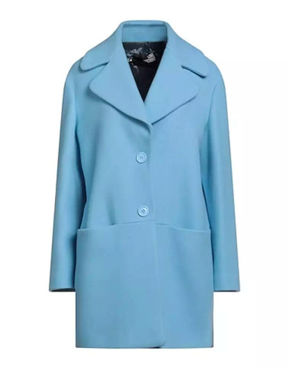 Love Moschino Chic Light Blue Wool Coat with Logo Embossment