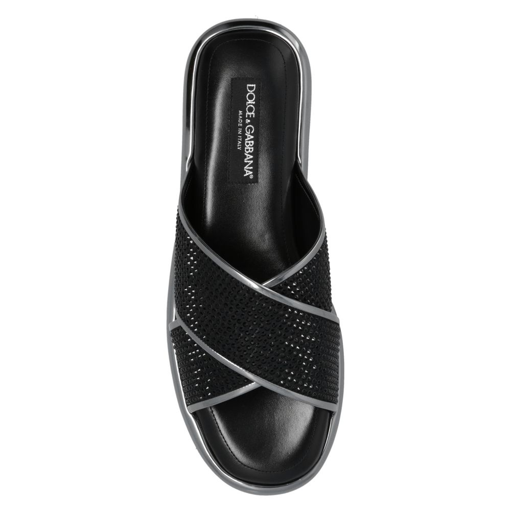 Dolce & Gabbana Black Zircon-Bedecked Leather Slippers