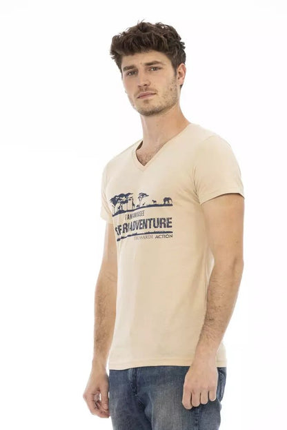 Trussardi Action Beige V-Neck Cotton Blend T-Shirt