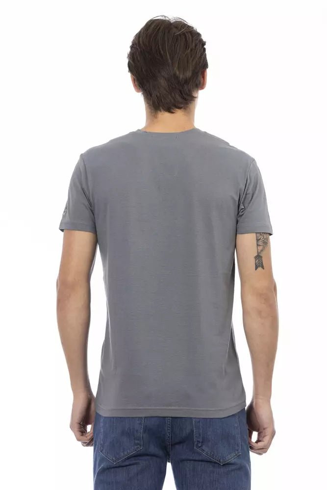 Trussardi Action Chic Gray V-Neck Tee with Stylish Front Print