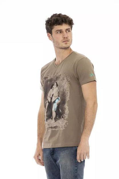 Trussardi Action Elegant Brown V-Neck Tee with Chic Front Print