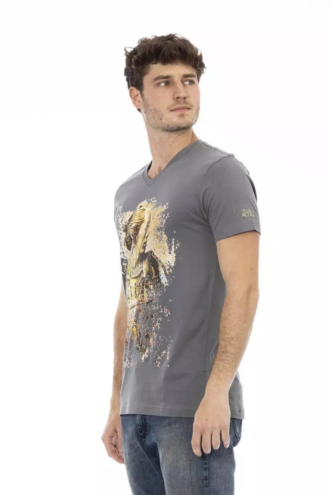 Trussardi Action Chic Gray V-neck Tee with Front Print