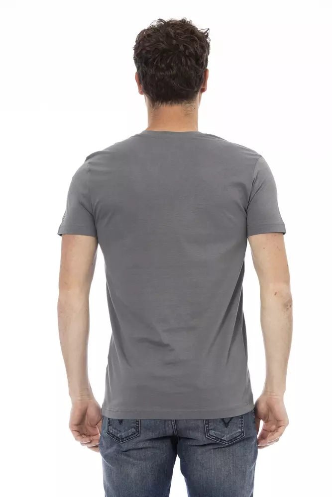 Trussardi Action Chic Gray V-neck Tee with Front Print