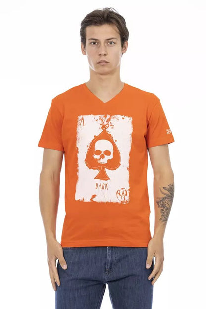 Trussardi Action Vibrant Orange V-Neck Tee with Graphic Print