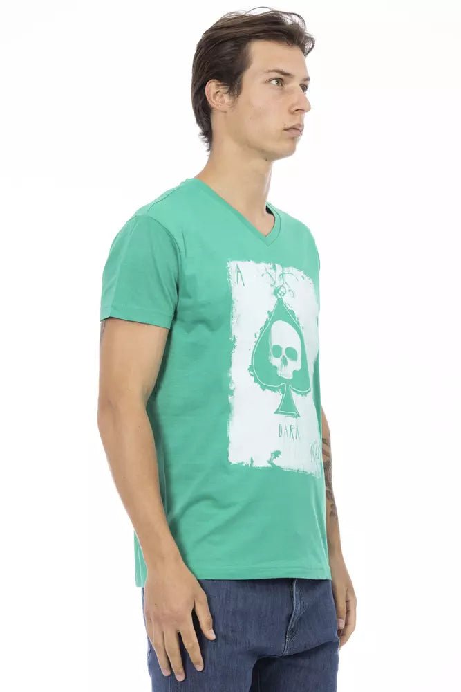 Trussardi Action Vibrant Green V-Neck Tee with Chic Front Print