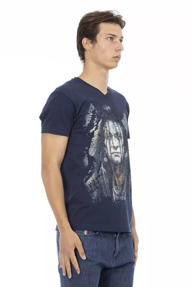 Trussardi Action Vibrant Blue V-Neck Tee with Artistic Front Print