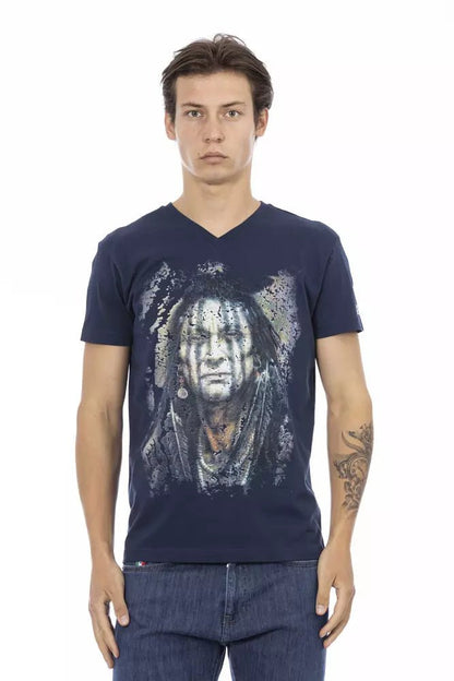 Trussardi Action Vibrant Blue V-Neck Tee with Artistic Front Print