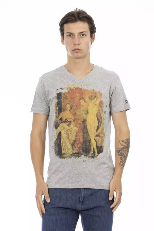 Trussardi Action Elegant Gray V-neck Tee with Front Print