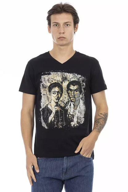 Trussardi Action Chic Black V-Neck Tee with Front Print