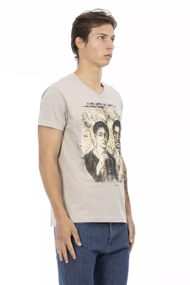 Trussardi Action Beige V-Neck Short Sleeve Tee with Front Print