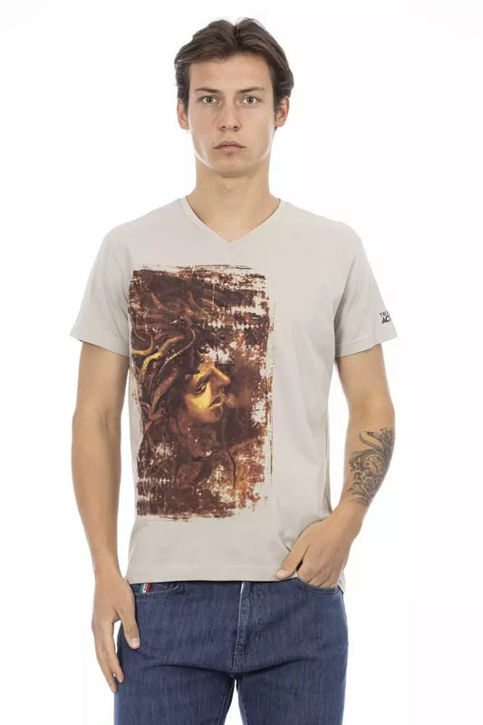 Trussardi Action Beige V-Neck Tee with Chic Front Print