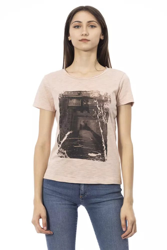 Trussardi Action Elegant Pink Round Neck Tee with Chic Front Print