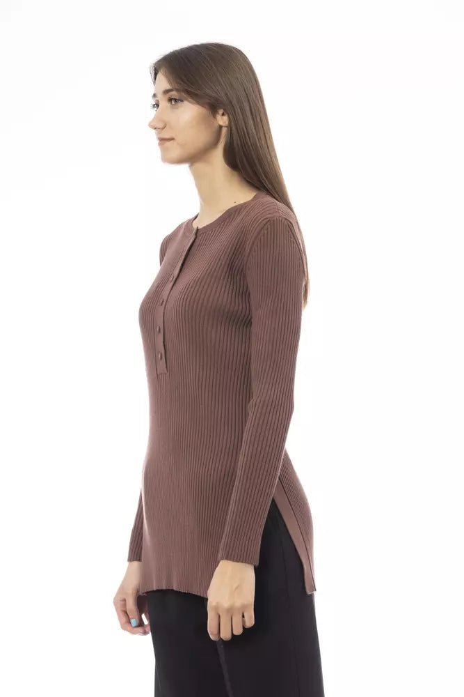 Alpha Studio Chic Brown Side-Slit Sweater with Button Details
